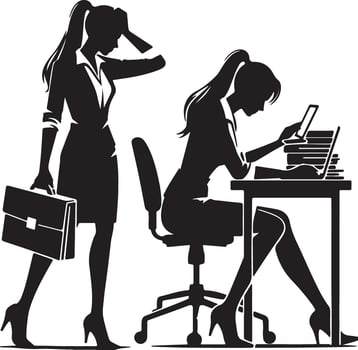 Silhouette of two businesswomen one with a briefcase and the other at a desk with a laptop and phone vector