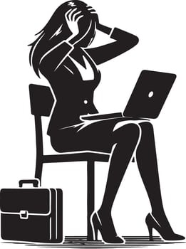Silhouette of stressed businesswoman with laptop and briefcase sitting on a chair in black and white vector