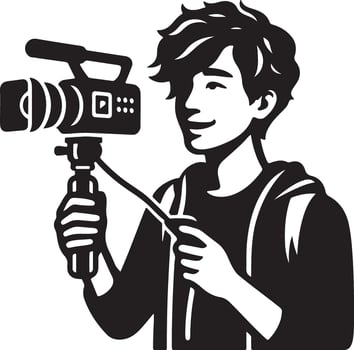 A young man holding a camera with a smile in a black and white illustration style image view vector