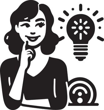 A woman with an idea standing next to a lightbulb and a wifi symbol in a black and white illustration vector