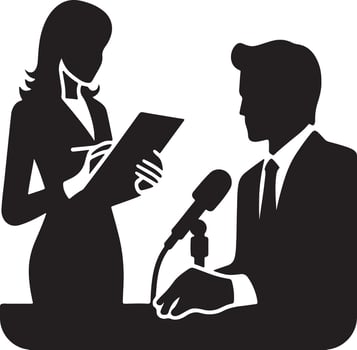 Illustration of a man at a microphone with a woman taking notes during a press conference event vector