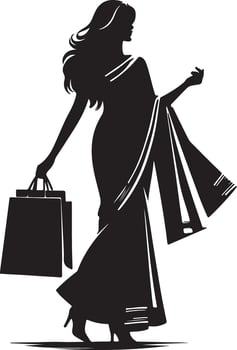 Silhouette of a woman in a saree holding shopping bags with high heels and wavy hair design art vector
