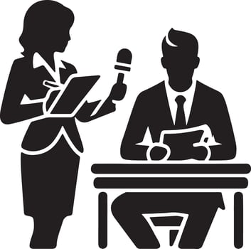 Silhouette of a reporter interviewing a seated man at a desk with a microphone and notepad in hand vector