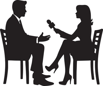 Silhouette illustration of a man being interviewed by a woman holding a microphone on a white background vector