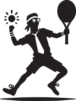 Silhouette of a tennis player with a racket, headband, glasses, tie, and a sun graphic nearby vector