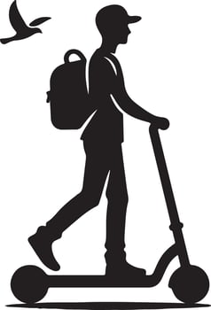 A silhouette of a person riding a scooter with a backpack and a bird flying above them in the sky vector