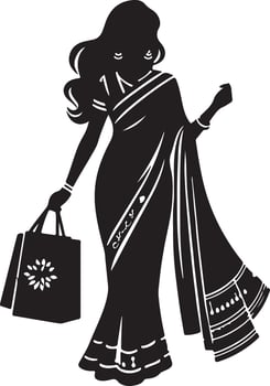 Silhouette of a woman in a saree holding a shopping bag with a flower design on a white background vector