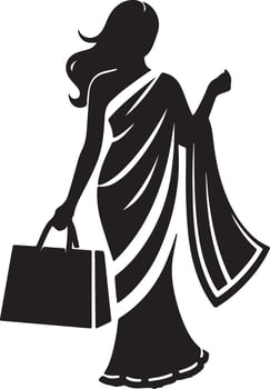 Silhouette of a woman in a saree holding a shopping bag against a white background design vector