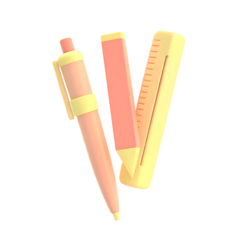 3D render of pen, eraser, and ruler on transparent background png