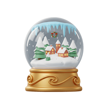 A charming snow globe features miniature houses, trees, and a wreath on snow-covered ground, creating a festive winter scene suitable for holiday decor. png