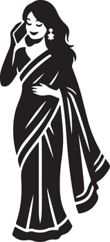 Illustration of a woman in a saree talking on a phone with a white background in black and white vector