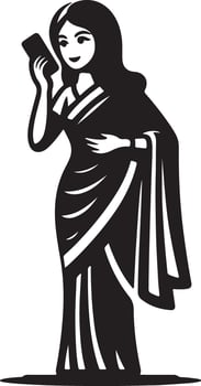 Woman in saree holding a phone in black and white illustration with simple design elements vector