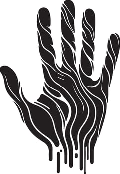 A black and white illustration of a hand with wavy lines and dripping paint effect design element vector
