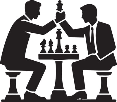 Two silhouetted men in suits playing chess with a king piece being held up in a victory pose vector