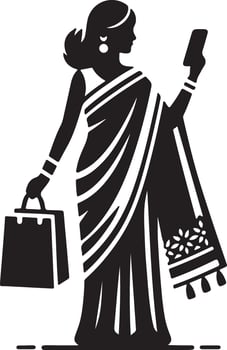 Silhouette of woman in saree holding shopping bag and phone in black and white illustration vector