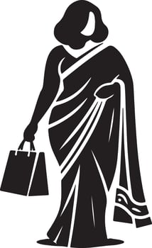Silhouette of woman in saree holding shopping bag in black and white minimalist illustration vector