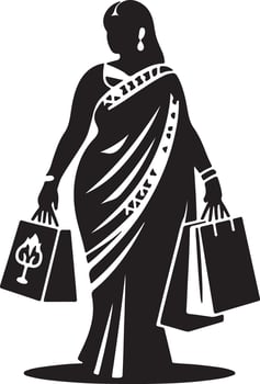 Silhouette of woman in sari holding shopping bags with tree logo in black and white design style vector