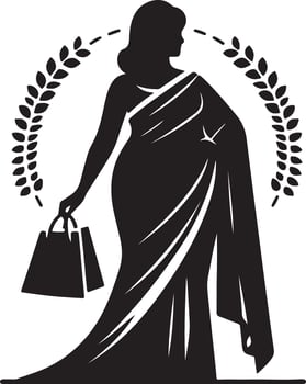 Silhouette of a woman in a saree holding shopping bags with a laurel wreath in the background vector