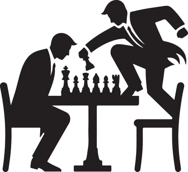 A black and white silhouette of two men playing chess with one jumping over the chessboard aggressively vector