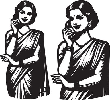 Two women in saris talking on the phone with retro hairstyles in a black and white illustration vector