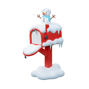 A festive snowman is perched atop a red mailbox covered in snow, signifying winter correspondence or holiday greetings. png