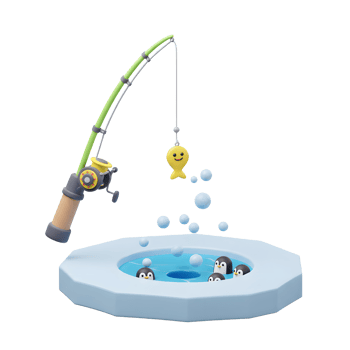 Cute penguins are attempting to catch a smiling fish toy with a fishing rod in a pool of water, suitable for children's illustrations. png