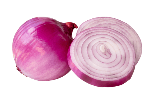 Fesh peeled red or purple Spanish onion in two slices in circle shape and one bulb in stack isolated on white background with clipping path in file format png
