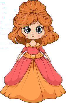 Cute cartoon princess girl in orange and pink dress isolated on white background vector
