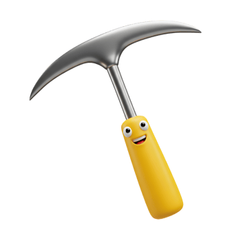 The cartoon pickaxe with a smiling face has a silver head and yellow handle, which could be used for a children's illustration. png