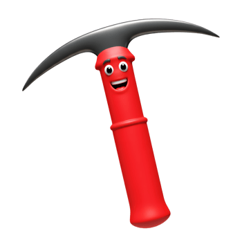 A 3D cartoon pickaxe with a red handle and a black head features a smiling face and is isolated on a white background, suitable for illustration. png