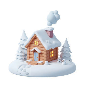A charming cartoon cabin, covered in snow and nestled among trees, creates a whimsical winter scene complete with tiny snowmen for decorative purposes. png