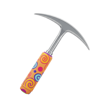 An ice axe with a silver head and a colorful, patterned handle rests on a white background, which might be used for mountaineering. png