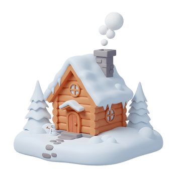 A cozy log cabin sits covered in snow next to Christmas trees and a snowman, creating a festive winter scene suitable for holiday cards. png