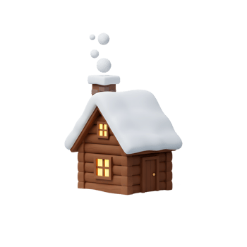 A 3D rendering of a cute, snow-covered log cabin with glowing windows, chimney, and rising smoke can be used for winter holiday cards or cozy-themed designs. png