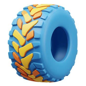 A cartoonish blue rubber tire is showcased with a pattern of orange and yellow tread, which could be used in toy designs or educational materials. png