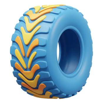 Cartoon tire featuring a blue base with yellow and orange tread stands isolated, demonstrating a whimsical and playful design. png