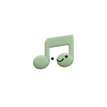 A cute, green, 3D music note with a smiling face sits on a white background, suggesting playful musical expression. png
