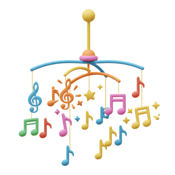 This colorful mobile features musical notes and stars dangling from a circular structure, perfect for nursery decoration. png