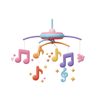 A colorful baby mobile with musical notes and stars gently hangs, creating a soothing environment for infants and young children. png
