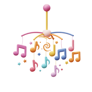 A colorful baby mobile hangs with musical notes and stars, providing visual and auditory stimulation for infants. png