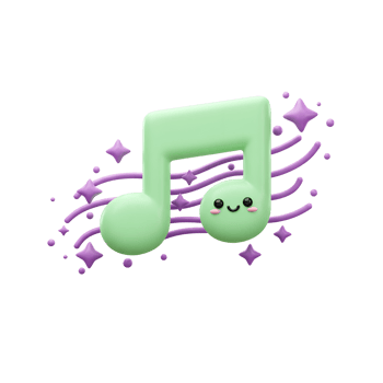 A cute green music note with a smiling face is surrounded by purple stars and sound waves, making it ideal for playful musical content. png