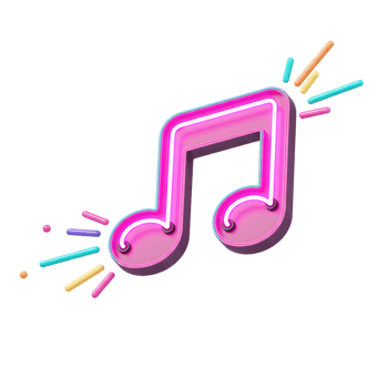A 3D rendering of a pink neon musical note is surrounded by colorful sparkles, creating a festive and lively ambiance perfect for entertainment themed decorations. png