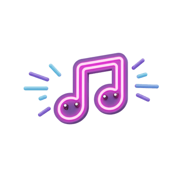 A whimsical purple neon music note with glowing accents and a smiling face is presented against a neutral background, perfect for websites or projects needing a playful musical vibe. png