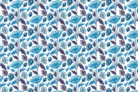 blue pattern design of line art florals and floral motifs with abstract cotton flower outlines for fashion and wrapping paper vector