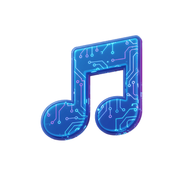 Digital blue music note with circuit pattern shines against a white background, commonly used for musical software and technology themes. png