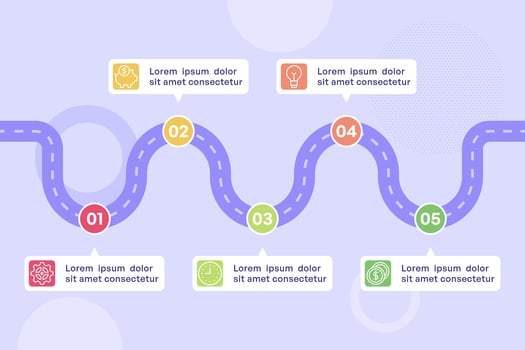 Five Point Wavy Roadmap Design with Gradient Circles and Icons vector