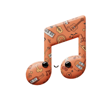 A charming orange music note is decorated with various musical instrument icons and has an endearing face, perfect for adding a touch of whimsy to musical-themed designs. png