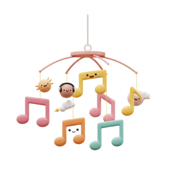 Colorful baby mobile featuring music notes, a sun, a cloud, and faces creates a soothing and engaging environment for infants. png