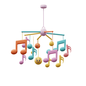 This image features a vibrant and whimsical hanging mobile composed of colorful musical notes and smiling face balls, which would be ideal for nursery decoration. png