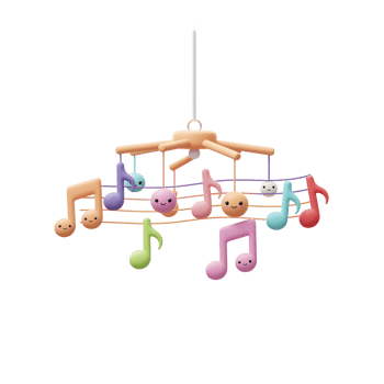 Colorful cartoon musical notes and smiling balls hang from a baby crib mobile, creating a whimsical and soothing ambiance for infant entertainment. png